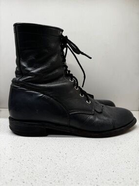 Vintage Justin Roper Boots Charcoal Gray Lace Up Western Rodeo Cowboy Leather 9E